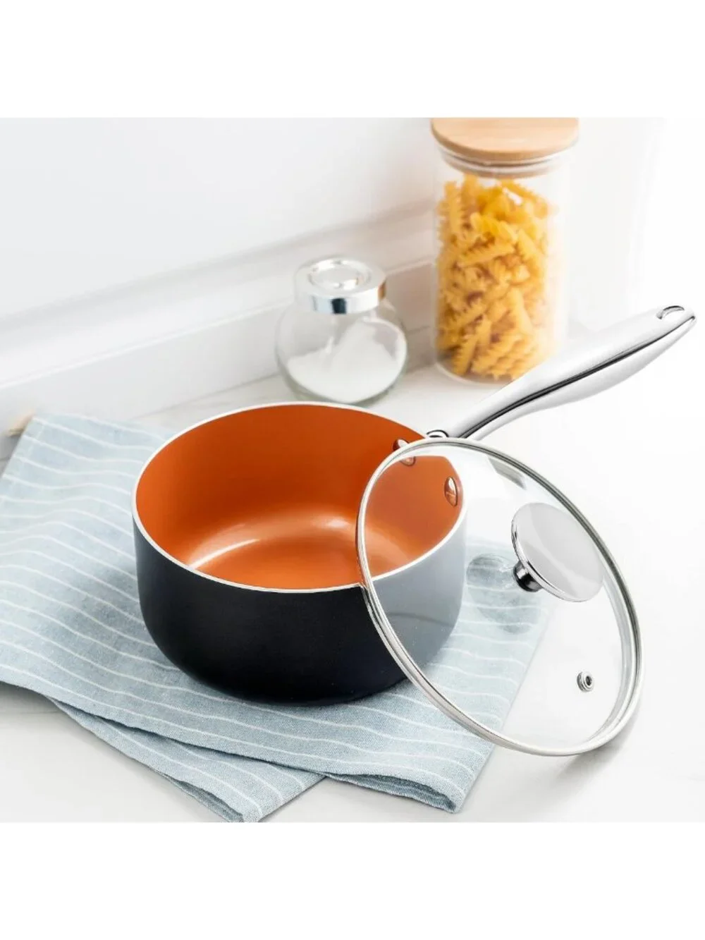 1 Quart Nonstick Ceramic Saucepan with Lid - Small Copper Cooking Pot